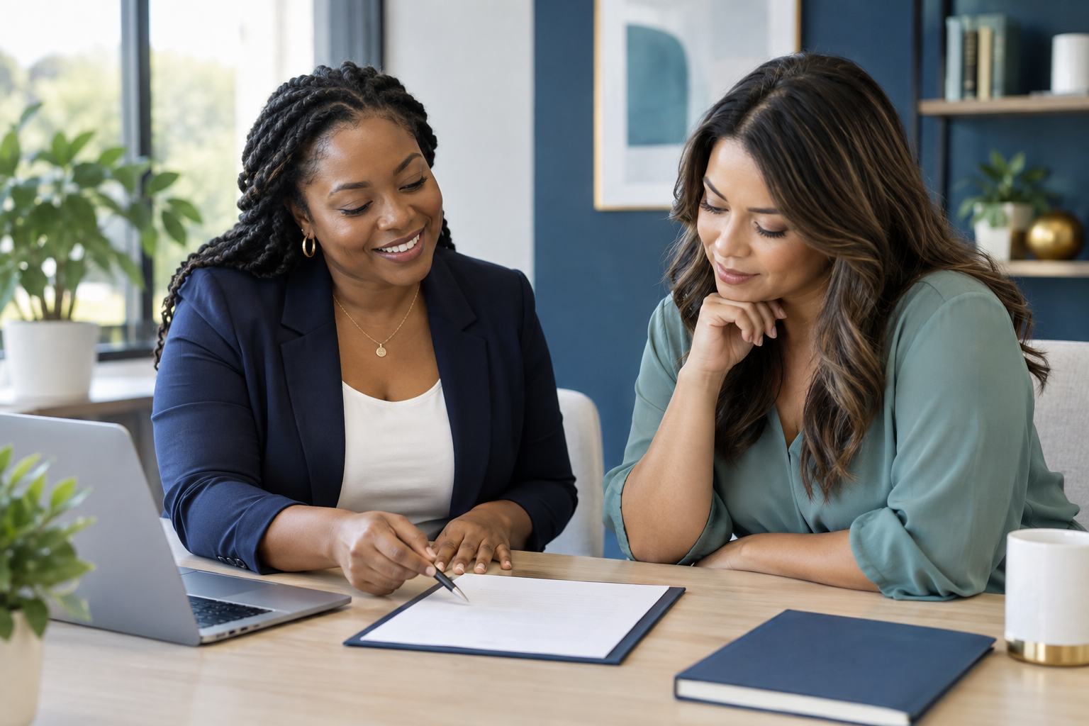 A professional notary reviewing a document with a client